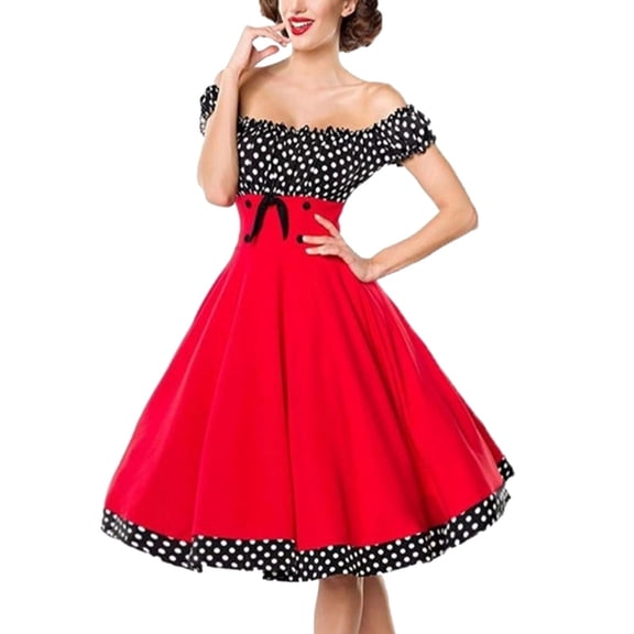 Womens Summer Dresses Retro Hepburn Style Waist Cinching Polka Dot Bow Spliced Large Swing Dress