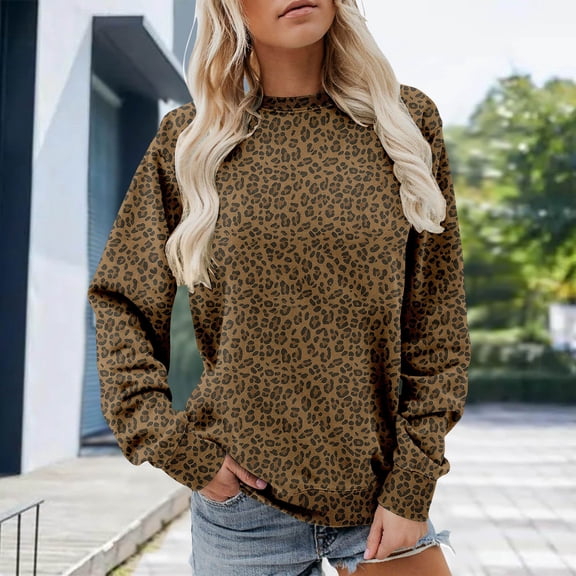 Huowey Womens Sweatshirt Fashion Leopard Print Pullover Soft Casual Long Sleeve Crewneck Winter Comfort Wear Thermal Basic Fall Clothes,Khaki,M