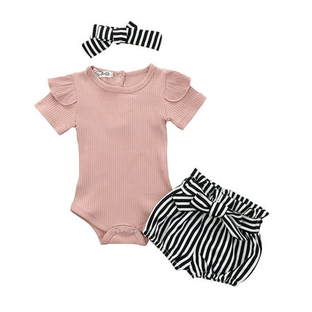 

QWERTYU Infant Baby Toddler Child Children Kids Ruffle Bow Bodysuit and Striped Shorts Set Summer Short Sleeve Clothing Set Outfits with Headband for Girl 6M-2Y