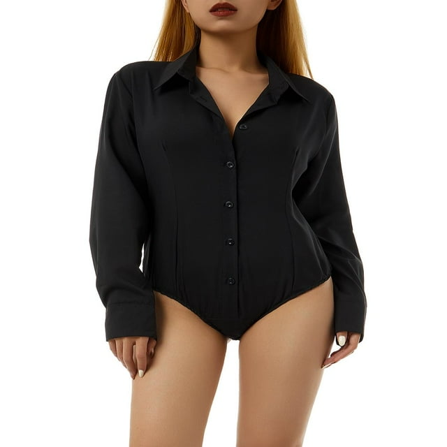 Women Solid Color Button Shirts Romper Ladies Formal Shirt Long Sleeve Turn-down Collar Bodysuit