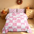 thumbnail image 3 of Homewish Halloween Ghost Full Size Comforter Sets for Girls, Spooky Animal Checkered Bedding Comforter Set, Pink White, Pink Reversible, 3 Pieces 1 Comforter and 2 Pillowcases, 3 of 6