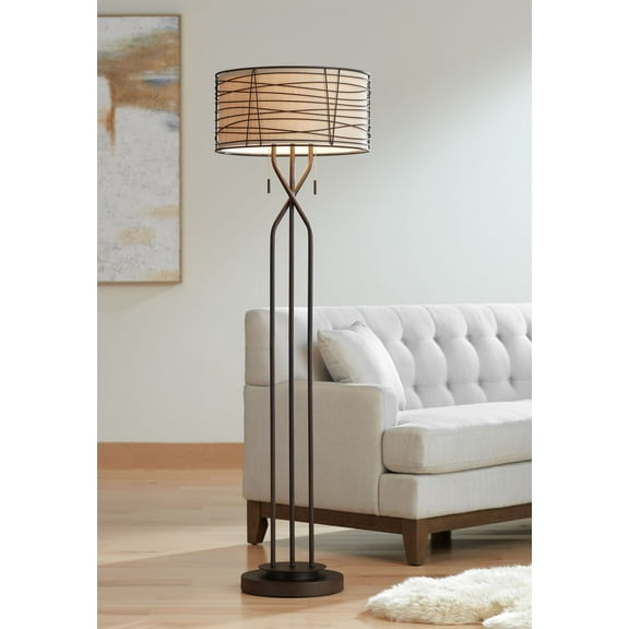 Franklin Iron Works Marlowe Rustic Farmhouse Floor Lamp 60 1/2" Tall Bronze Metal Oster Woven Burlap Fabric Inner Drum Shade for Living Room Bedroom
