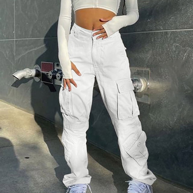 Levmjia Jeans pour Femmes Grande Taille Pantalons Liquidation Été Style de Rue Mode Design Multi-Poches Salopettes Cordon Élastique Taille Basse Pantalons de Sport Blanc