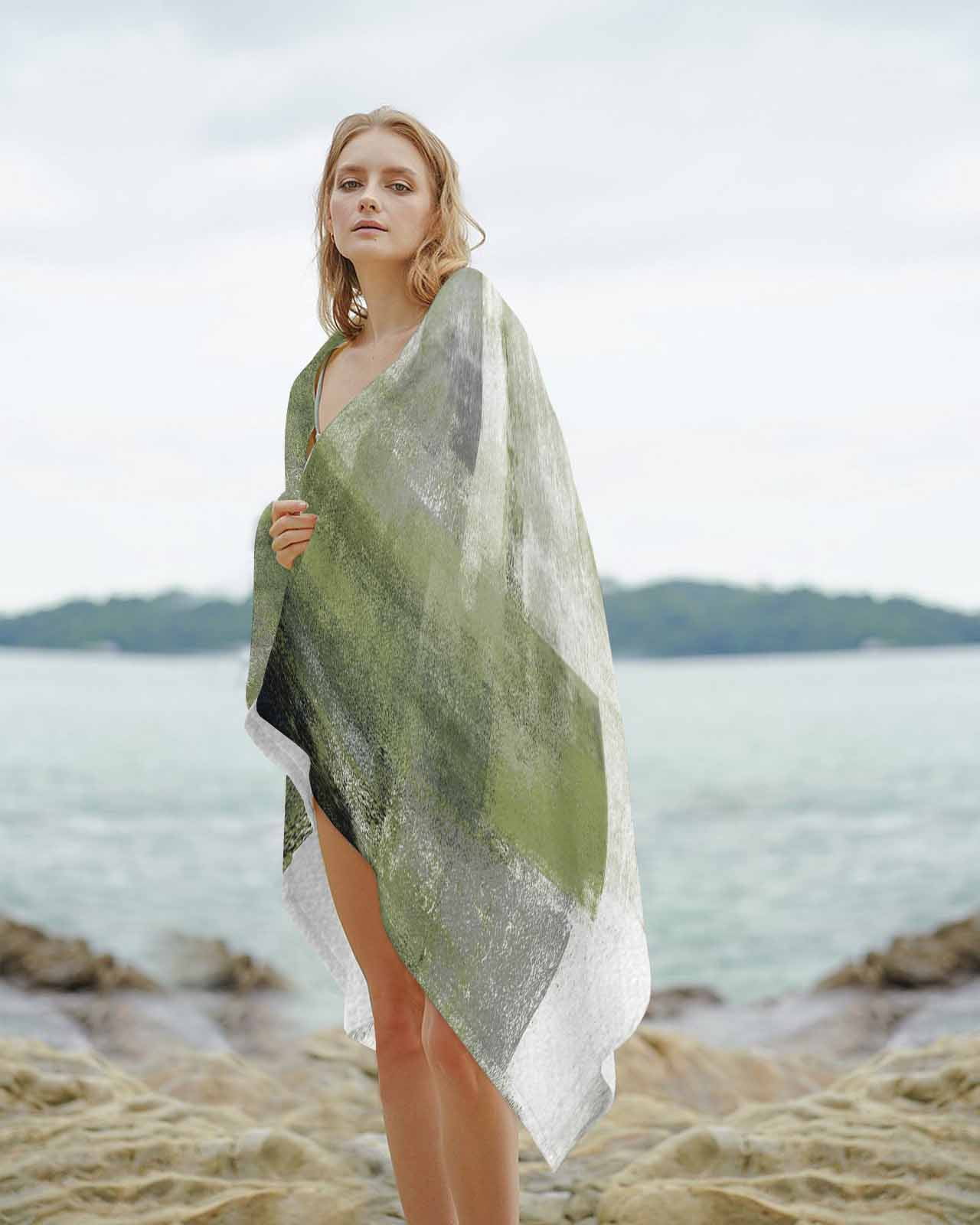 Sage Green Ombre Beach Towels Oversized Super Absorbent, Vintage Shabby Abstract Plaid Art Lightweight Bath Towel Quick Dry Sets For Bathroom/Pool/Rv Camping/Beach Play/Gym Room/Picnic 31"x62"