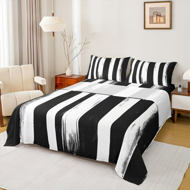 Erosebridal Ensembles de Draps Simple Noir Éclaboussures d'Encre, Literie à Rayures Géométriques Abstraites Format Simple, Ensemble de Draps de Lit Design Moderne Format Simple, Déco de Chambre Ultra Douce, 3 Pcs