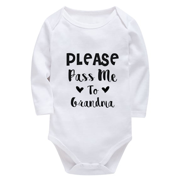 Please Pass Me To Grandma Baby White Bodysuit Long Sleeve First Outfit for Newborn Girl White Baby Girl Newborn Outfits