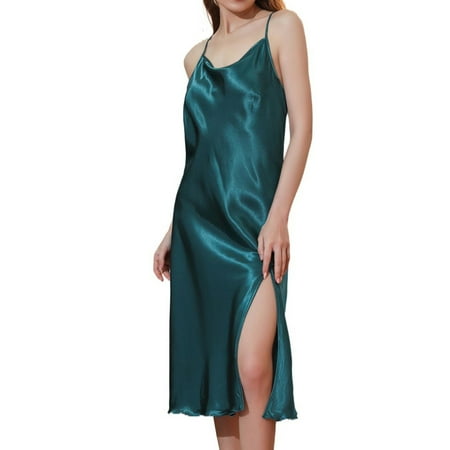 Women s Silk Nightgown Short Midi Satin Sleep Dress Square Neck Side Slit Spaghetti Strap Chemises Criss Cross Back Backless Sleepwear Sleeveless Nightie Sexy Lingerie Teal Green Medium