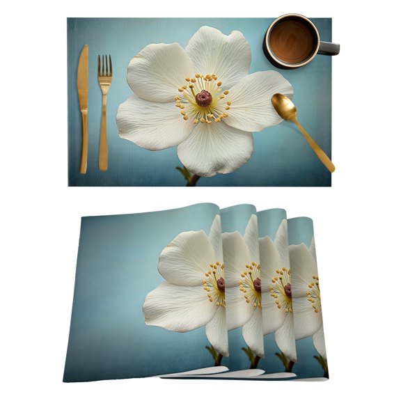 Close-up Flower Placemats Set of 4, Spring Floral Blue Painting Backdrop Placemats for Dining Table, Place Mats for Kitchen Tabletop, Waterproof Wipeable Dining Table Mats Set