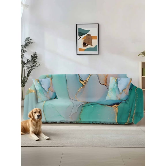 Teal Sofa Covers for 2-3 Cushion Couch L-Shaped Sectional, Modern Marble Ink Painting Abstract Art Washable Sofa Covers Slipcover for Living Room Furniture, Couch Cover Blanket 71"x134"
