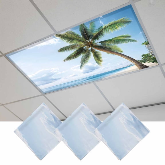 Beach Palm Tree Magnetic Fluorescent Light Covers for Ceiling Lights 2x4 Feet, Ocean Coastal Sky Nature Scenery Office Classroom Kitchen Drop Ceiling Light Covers Lighting Filters Shade Panel 3 Packs