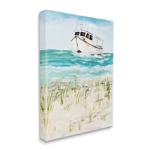 Stupell Industries Nautical Boat by Coast Grassy Beach Landscape Nature Painting Gallery Wrapped Canvas Print Wall Art, 16 x 20
