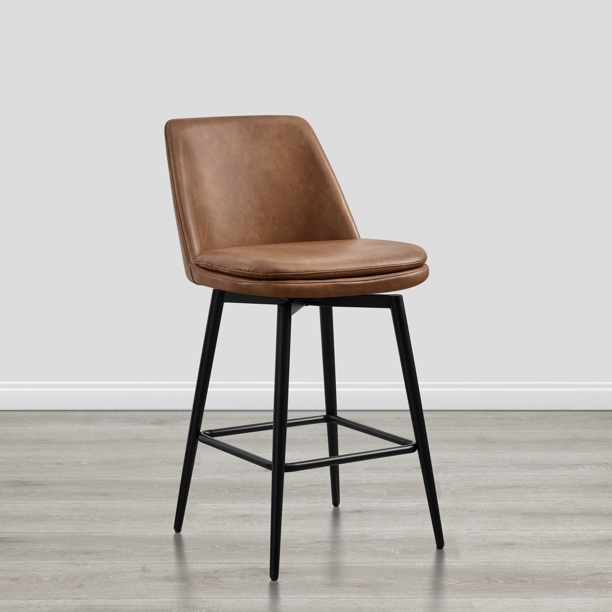Spruce & Spring Counter Height Swivel Barstool with Curved Back and Metal Legs Set of 2, Cognac Faux Leather