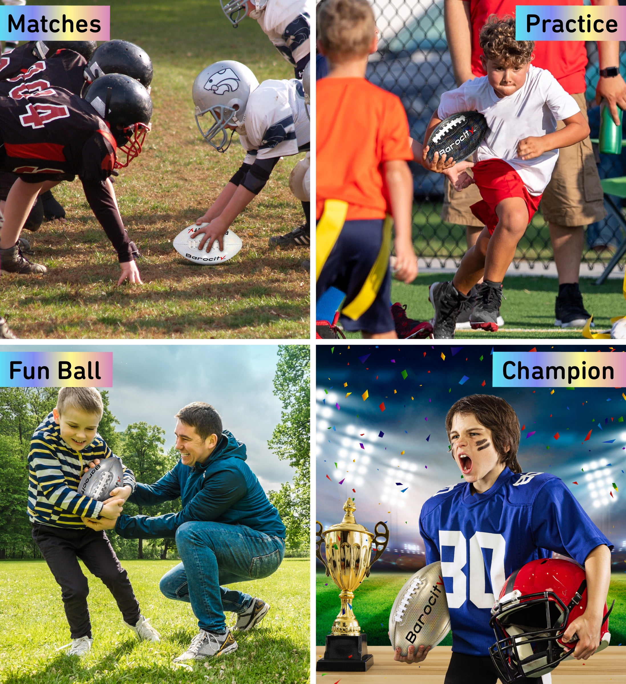 Barocity Footballs for Kids - Reflective Iridescent Rainbow Hex Pattern Boy and Girl Official Match Football - 4 Premium Durable Training Balls White Size 3, Black Size 3, Silver Size 6, Gold Size 6