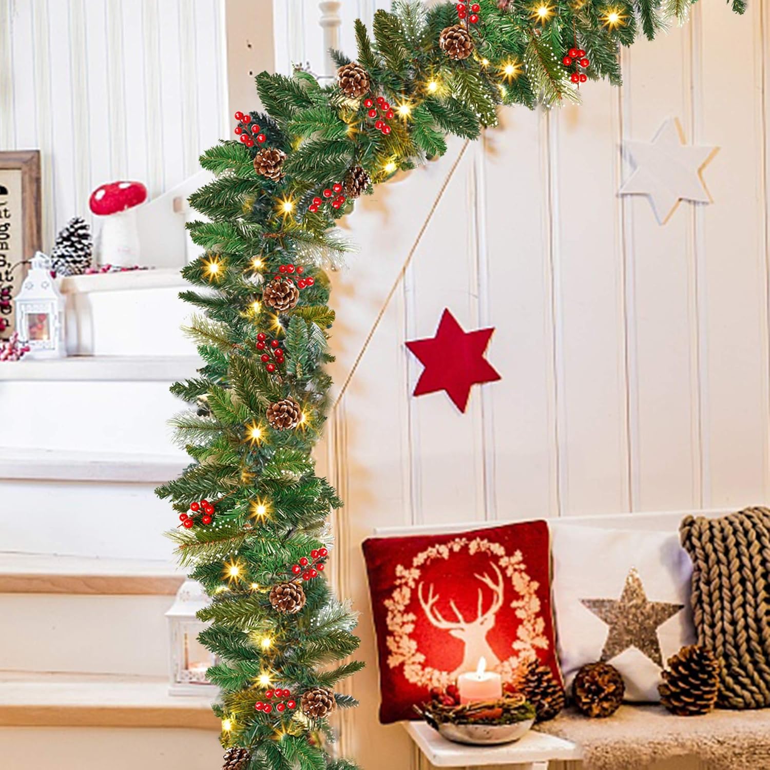 BN-LINK 9Ft Christmas Garland with 8 Lighting Modes, Battery Operated Garland with Pine Cones Red Berries, 50 LED Lights & 240 Branch Tips, Christmas Decor for Indoor Outdoor Home