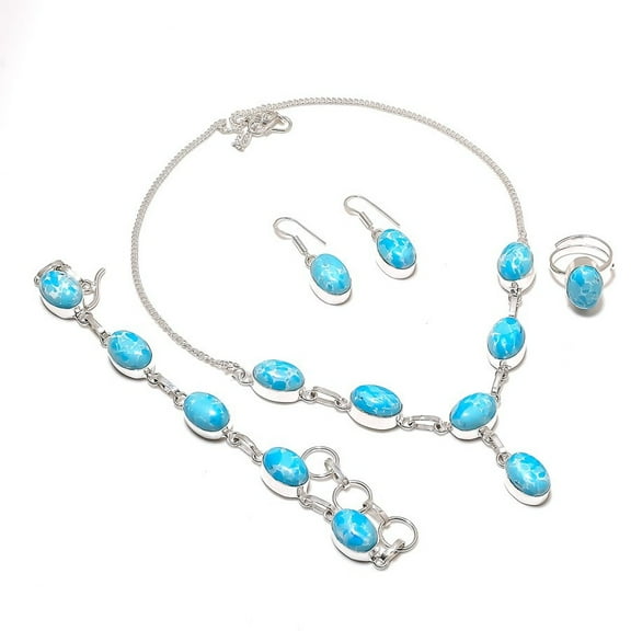 Larimar Oval Shape Gemstone Jewelry Set Adjustable Chain Handmade Necklace Set