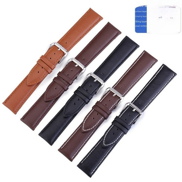 Reloj de cuero con hebilla de alfiler, capa de piel de becerro, grano de alfiler, punto liso, 10~24, marrón, correa de reloj intercambiable