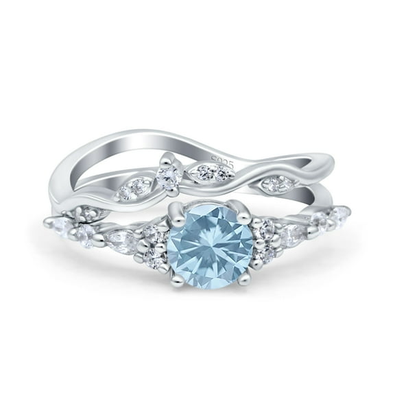 Two Piece Vintage Style Art Deco Engagement Bridal Set Ring Round Simulated Aquamarine CZ 925 Sterling Silver Size 5