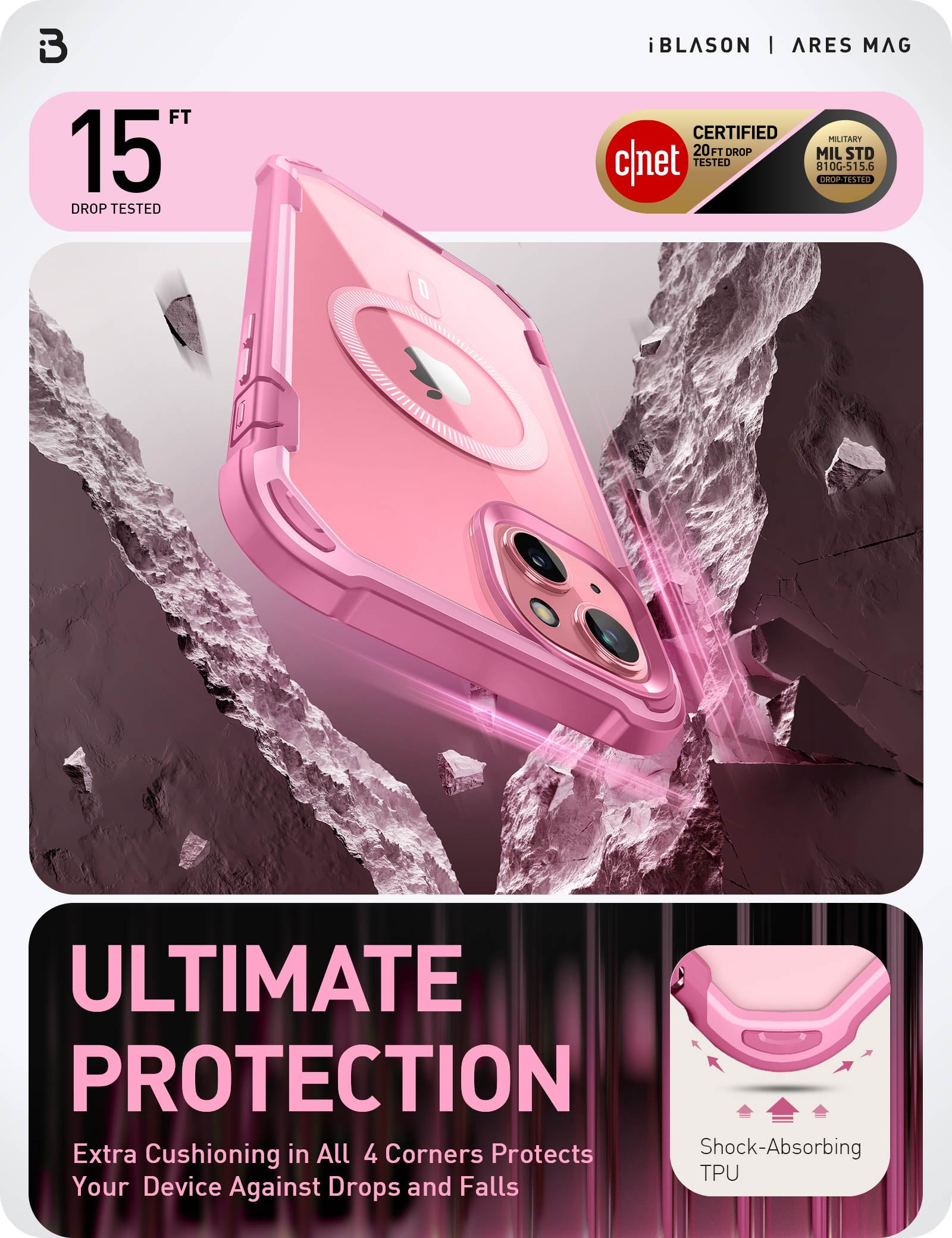 i-Blason AresMag for iPhone 15 Plus Case [6.7 inch], [MagSafe Compatible] Full-Body Dual Layer Anti-Slip Shockproof Rugged Clear Bumper Case with Built-in Screen Protector (Pink)