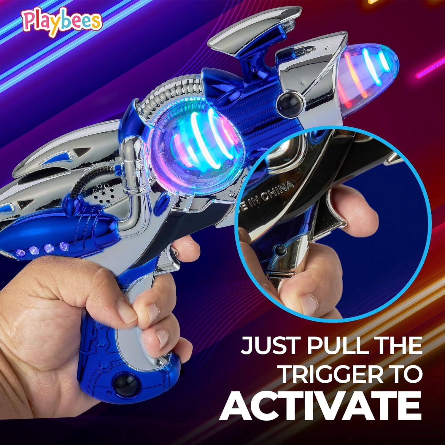 Playbees Light-Up Noise Blaster - Red & Blue 2 Pack - 11.5 Inches - Super Spinning Space Sound Effects with Futuristic Power Galaxy Ranger FX for Party Favor, Novelty, Bag Stuffer