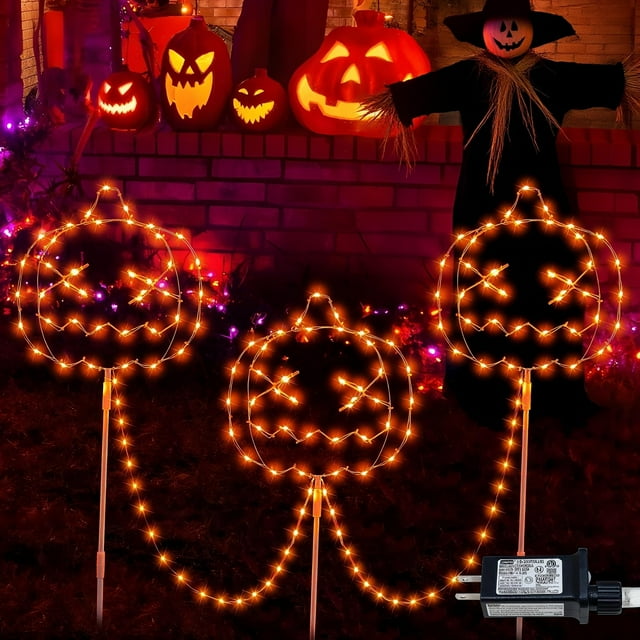 Luces de pasarela de Halloween Hopolon Pumpkin, paquete de 3 unidades, para exteriores