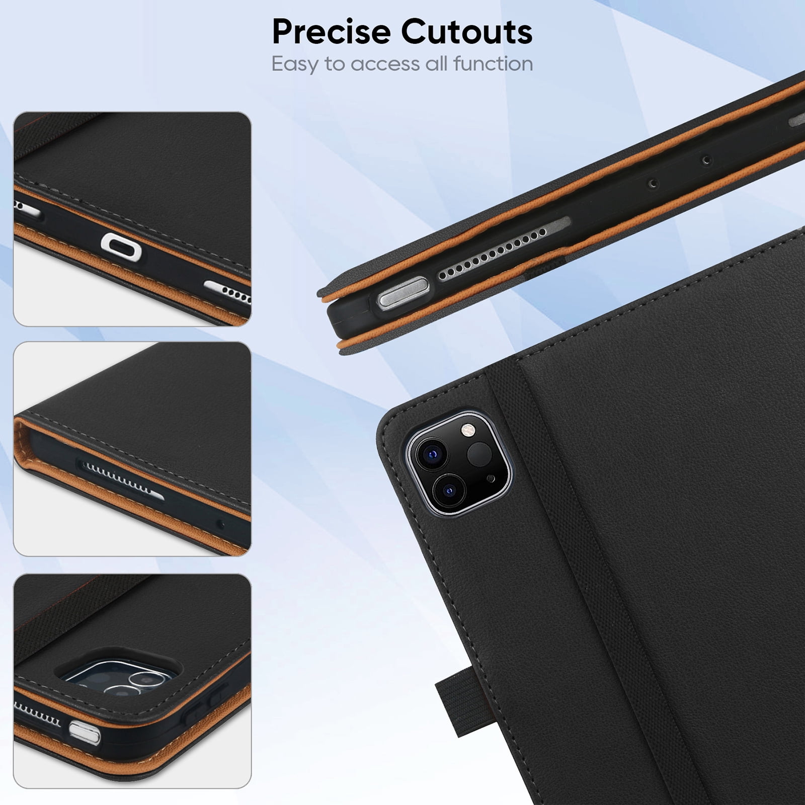 For iPad 6th 5th Gen Case/ iPad Air 1 2 Case, Auto Sleep Wake Kickstand Elastic Band Pencil Holder Front Pocket Business Case for Apple iPad 9.7" 2018/2017/ iPad Air 1 2 9.7", Black