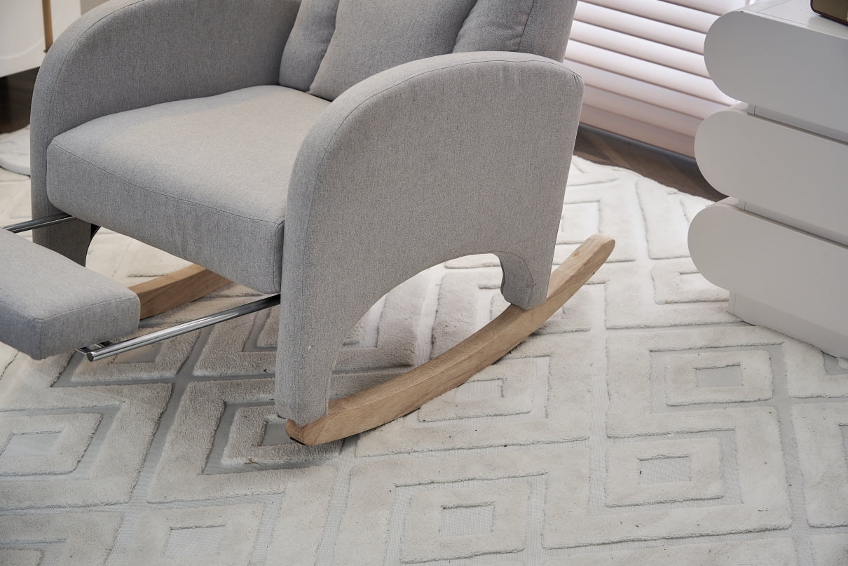 Glider Rocking Chair with Adjustable Footrest, Comfy Cotton Linen Upholstered Nursery Rocker Chair with Wood Legs Side Pocket, Accent Rocker Arm Chair Baby Bedroom, Living Room, Light Gray