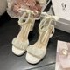 thumbnail image 1 of Estilo de hada moda punta cuadrada encaje cadena cuenta fiesta boda tacones altos elegante perla sandalias mujer verano tacón medio mujer Shoe35 Gao Jinjia LED, 1 of 2