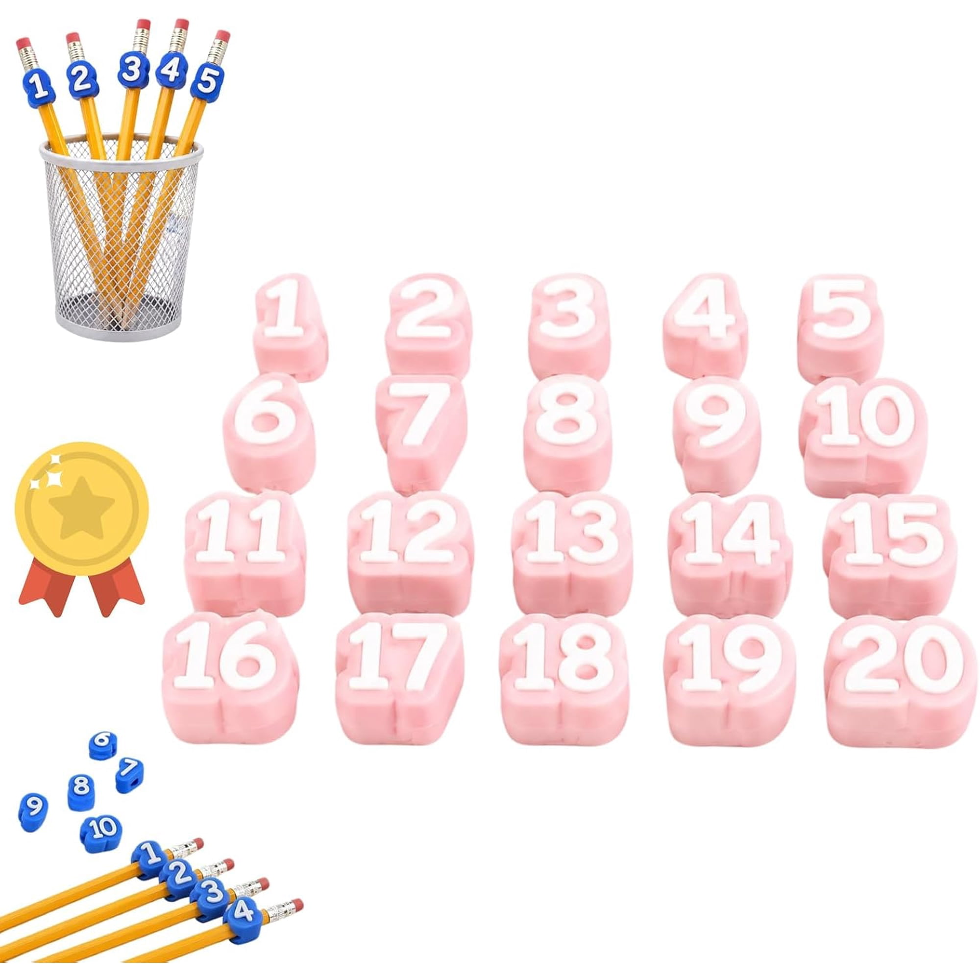 Numbered Pencil Toppers 30/50 PCS Reusable Classroom Pencil (20-Pink) | Numbered PLA markers help teachers sort pencils assign supplies and organize desks bins stations and group activities
