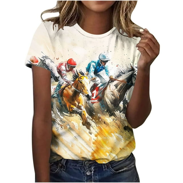Tops de Cuello Redondo para las Mujeres, Nuevo Suéter de Manga Corta, Caballo Casual Impreso Top Camiseta
