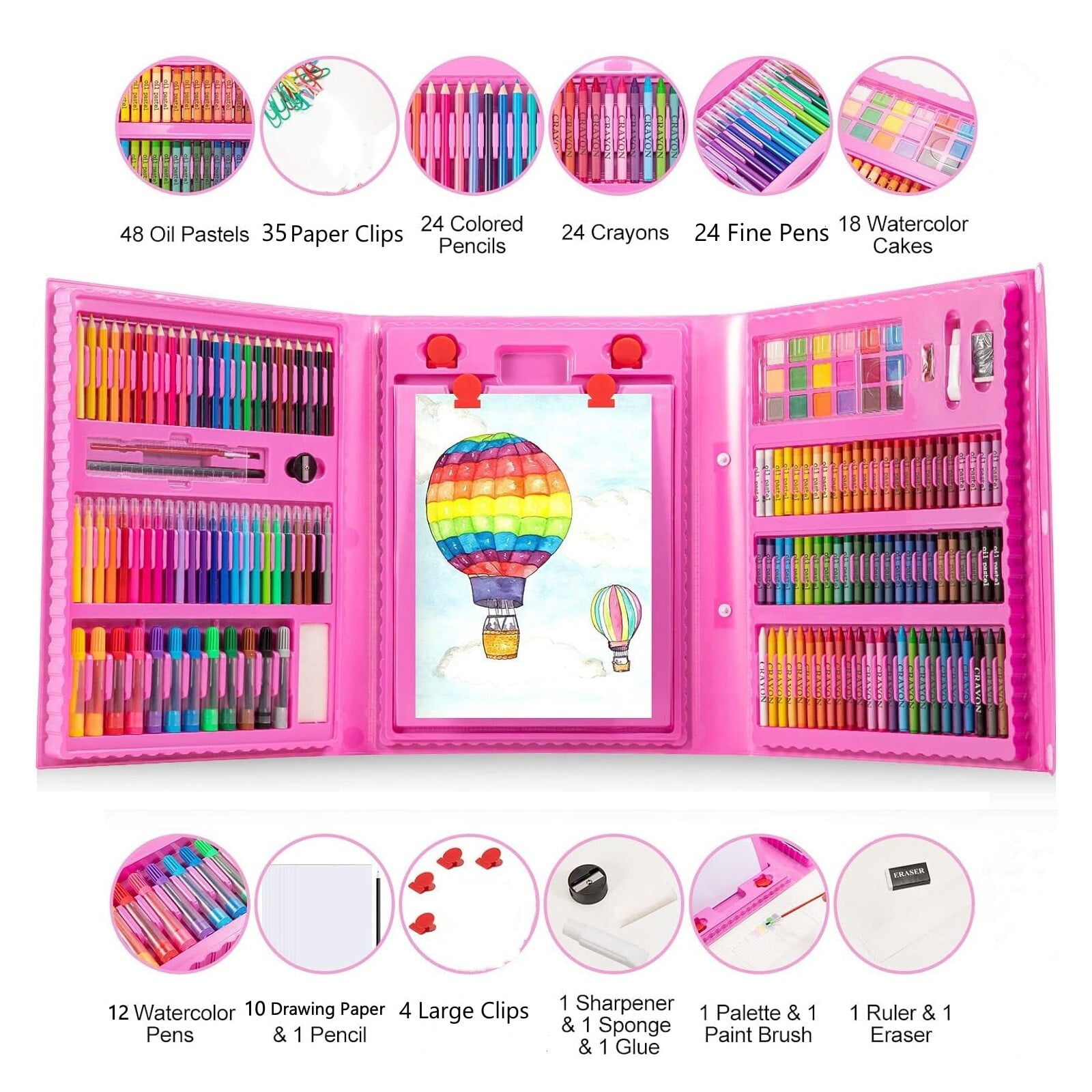 GoXteam 208-Piece Double-Sided Trifold Easel Art Set for Kids, Drawing Art Box with Oil Pastels, Crayons, Colored Pencils, Paint Brush, Watercolor Cakes, Drawing Board (Blue)