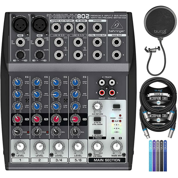 Behringer XENYX 802 Analog Audio Mixer with Blucoil 2 XLR Cables, Pop  Filter, 5 Cable Ties