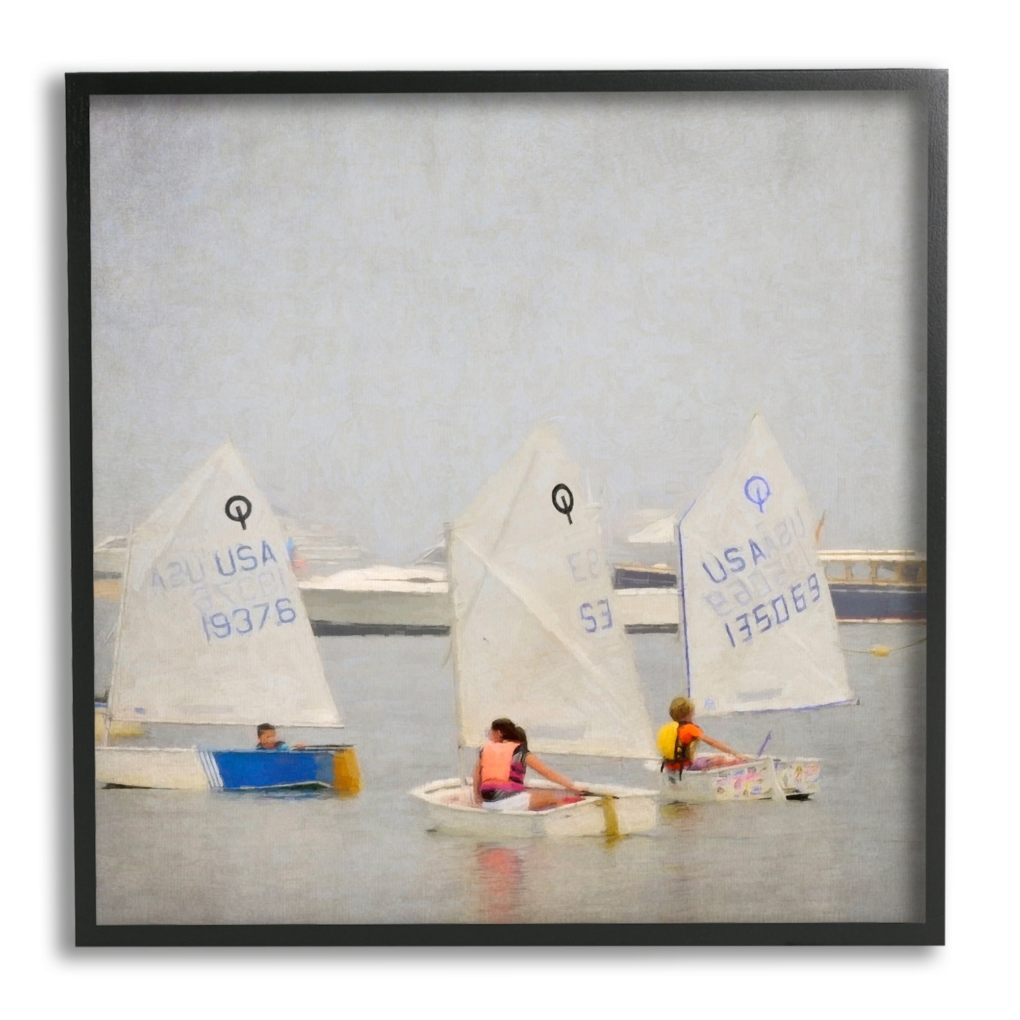 Stupell Industries People Floating Dinghy Boats Watercraft Ocean Scenery Painting White Framed Art Print Wall Art, Design by Graffitee Studios
