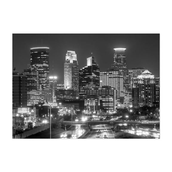 Minneapolis After Dark - Minneapolis Minnesota Photography Cityscape Black and White Skyline Architecture Nightlife City Unframed Wall Art Print 4 x 6 inches