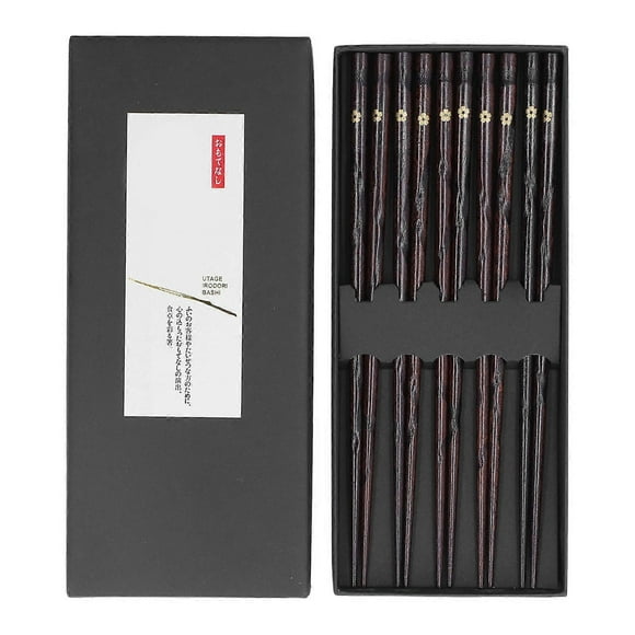 5 Pair Japanese Style Wooden Chopsticks Golden Printed Flowers Reusable Traditional Stylish Gift for Family Friends