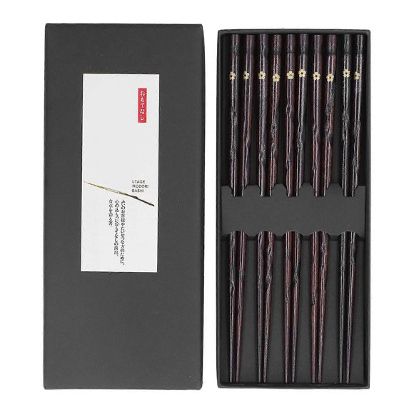 5 Pair Japanese Style Wooden Chopsticks Golden Printed Flowers Reusable Traditional Stylish Gift for Family Friends