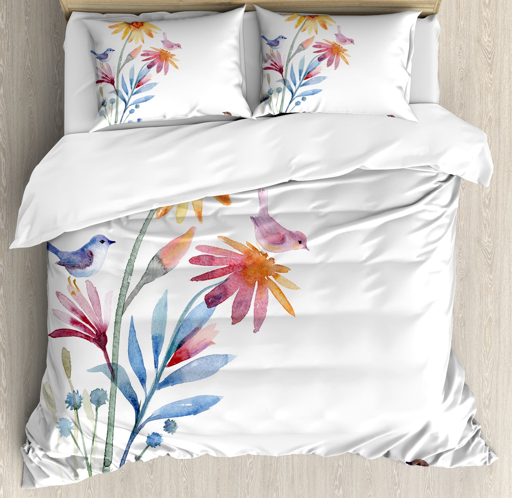 Watercolor Duvet Cover Set Springtime Flowers With Birds Unusual