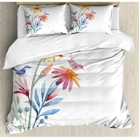 Watercolor Duvet Cover Set Springtime Flowers With Birds Unusual