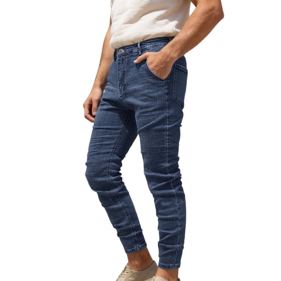 Mens Solid Durable Stretch Denim Jeans with Multiple Utility Pockets Slim Fit Casual Full Length Trousers Blue 28
