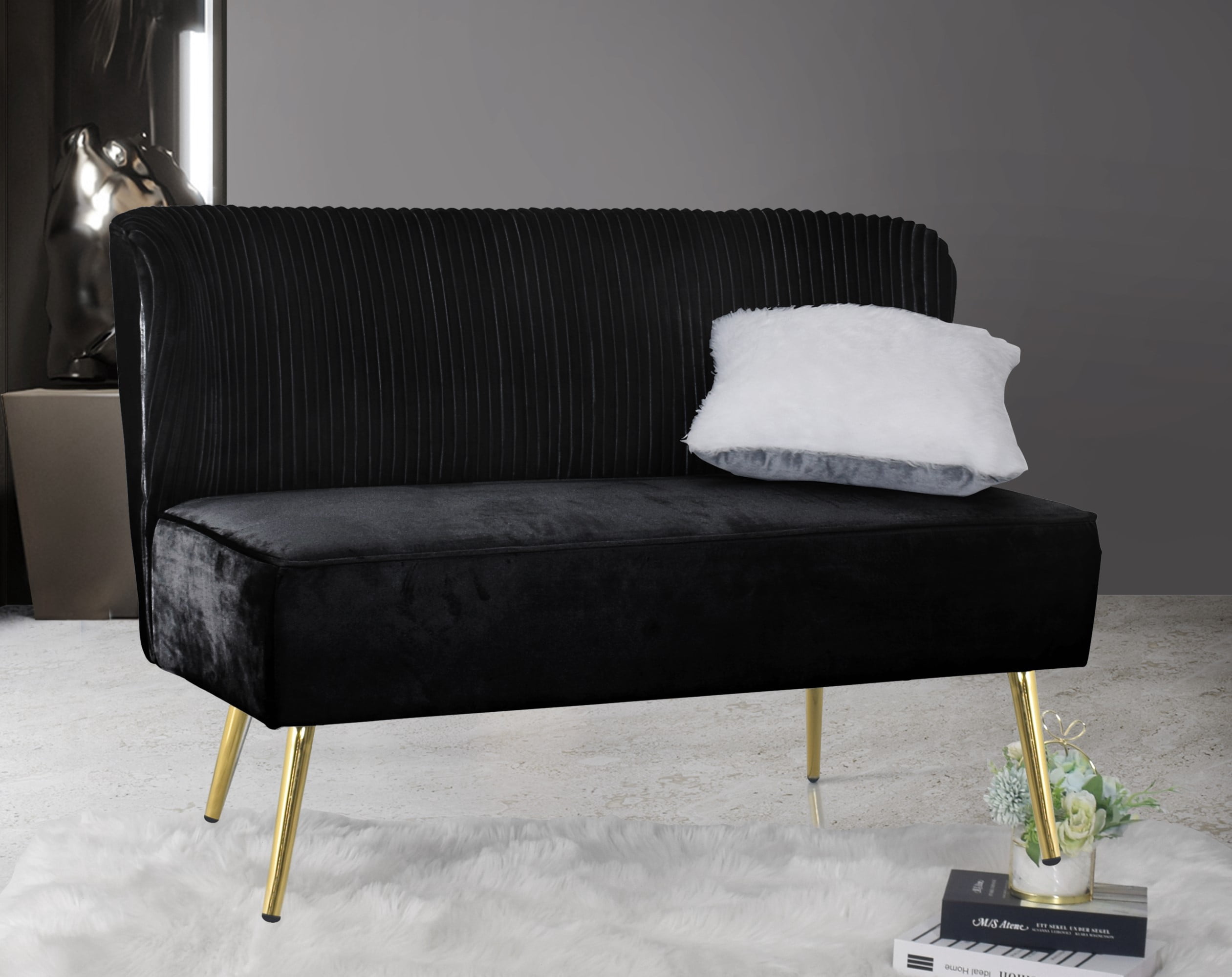 Home Design Hestie 3-Piece Velvet Living Room Set with Side Chair, Loveseat, and Sofa, Modern Curved Backrest Design, Black
