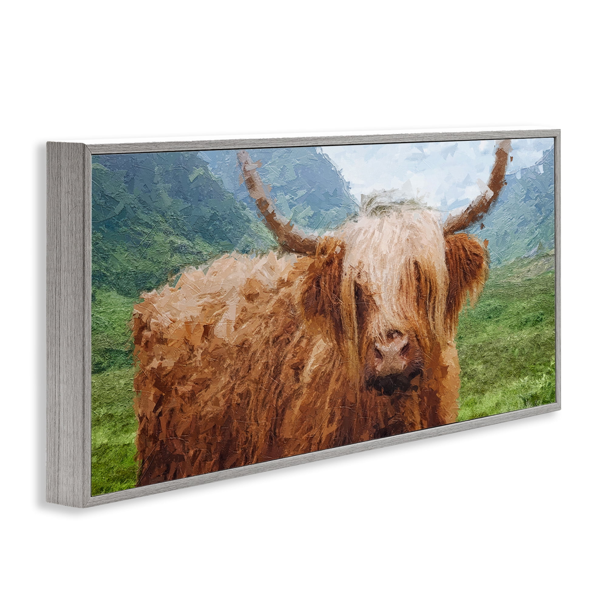 Stupell Industries Impressionist Highland Cattle Animals & Insects Painting Gray Framed Art Print Wall Art, 30 x 13