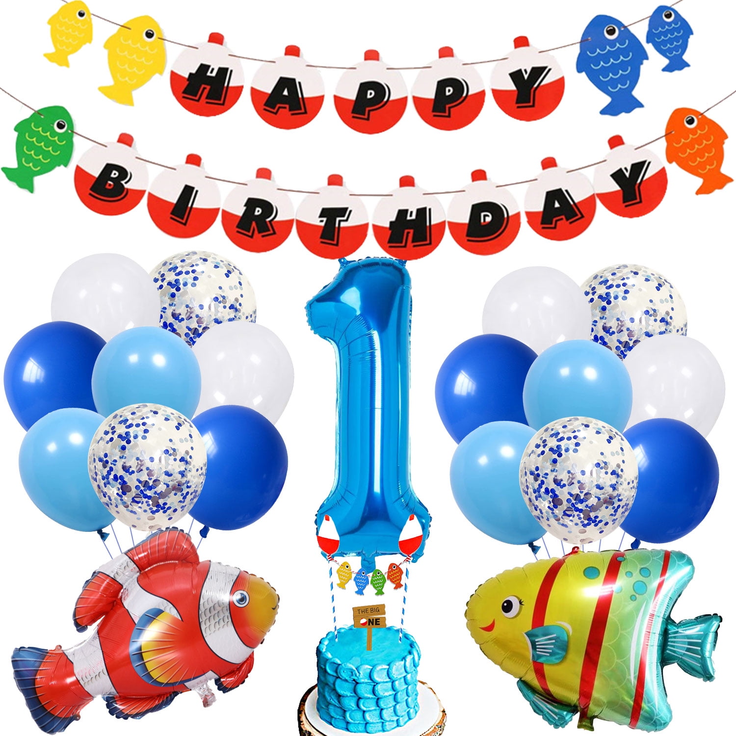Fishing Themed First Birthday Party Decorations for Kids Go Fishing Happy  Birthday Banner Cartoon Fish Foil Balloons Boys The Big One 1st Birthday  Party Supplies 