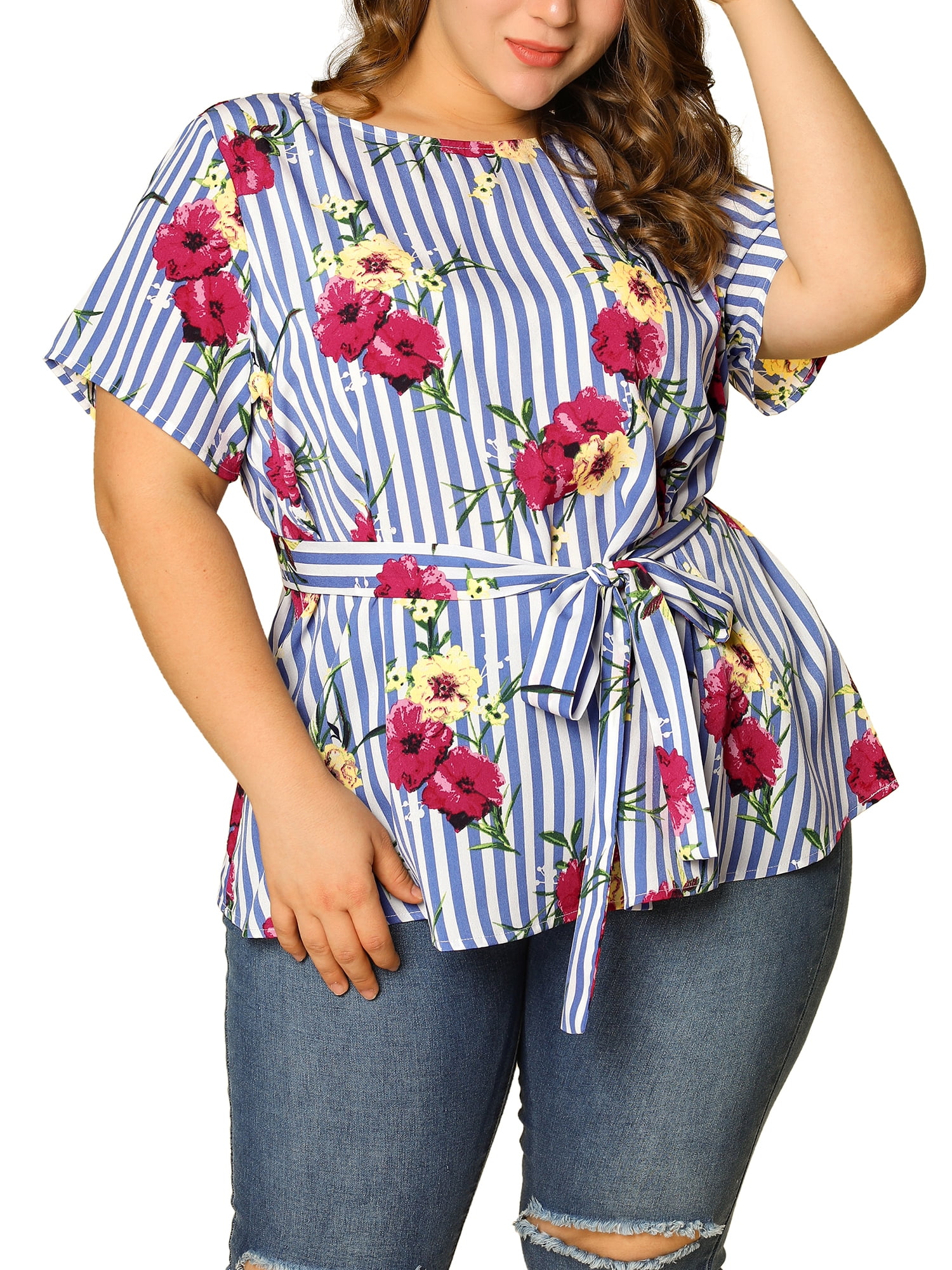forhåndsvisning Somatisk celle syndrom Agnes Orinda Women's Plus Size Floral Blouse Tie Waist Stripe Top -  Walmart.com