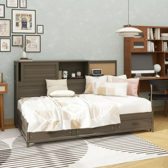 Twin Size Wooden Daybed with 3 Storage Drawers, Upper Soft Board, shelf, and a set of Sockets and USB Ports, Gray