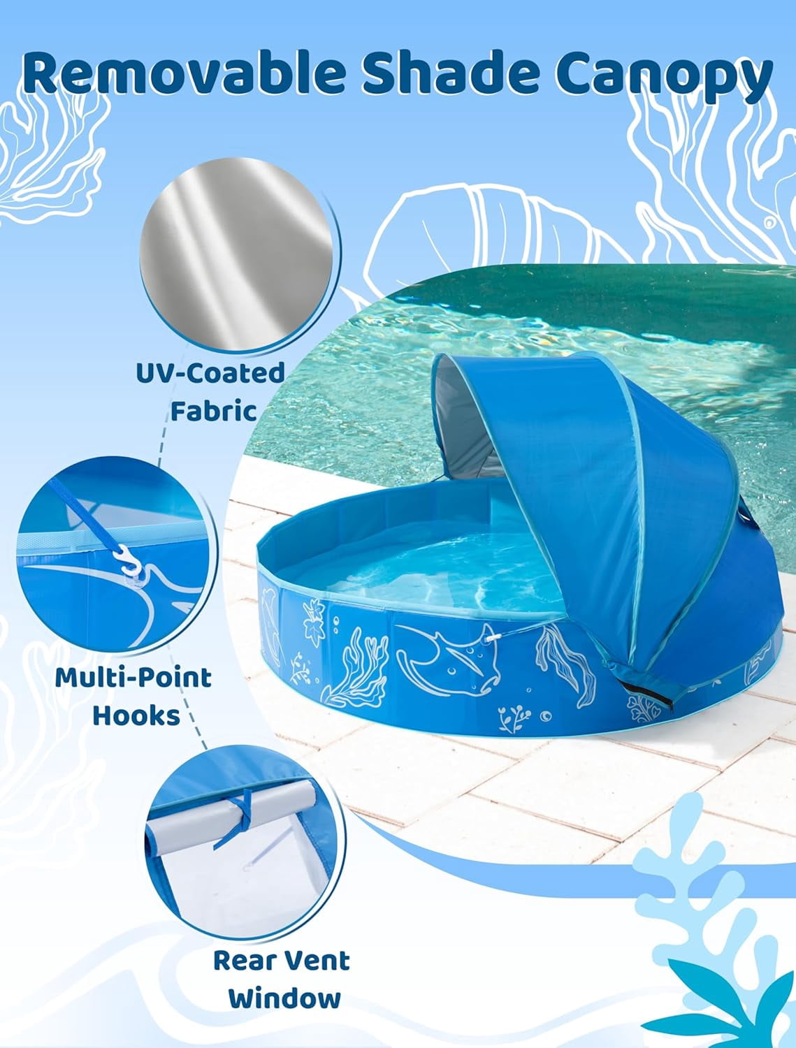 Foldable Kiddie Pool with Canopy: 31.5in/ 47in /63in for Baby Toddler Kids Family - Summer Water Play Pool with Shade - Portable for Outdoor Backyard Beach (Blue-Blue, 63in)