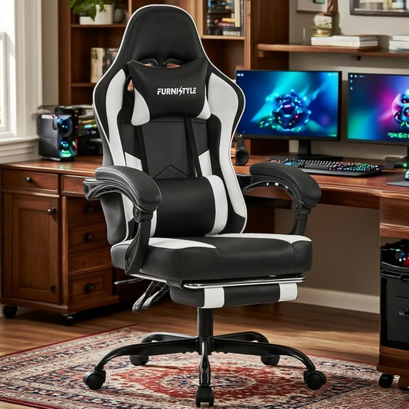 Gaming Chair for Adults and Teens, Ergonomic Leather Video Game Chairs with Footrest, Wide Seat, Reclining Back, Neck & Lumbar Support, Adjustable Swivel Computer Desk Chair, Black/White
