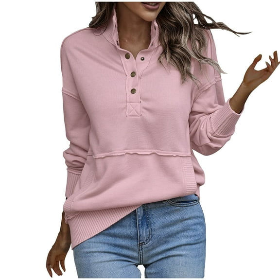 Trendy Casual Sweatshirt for Women V Neck Button up Loose Henley Shirt Ribbed Patchwork Pullover Tops with Pockets