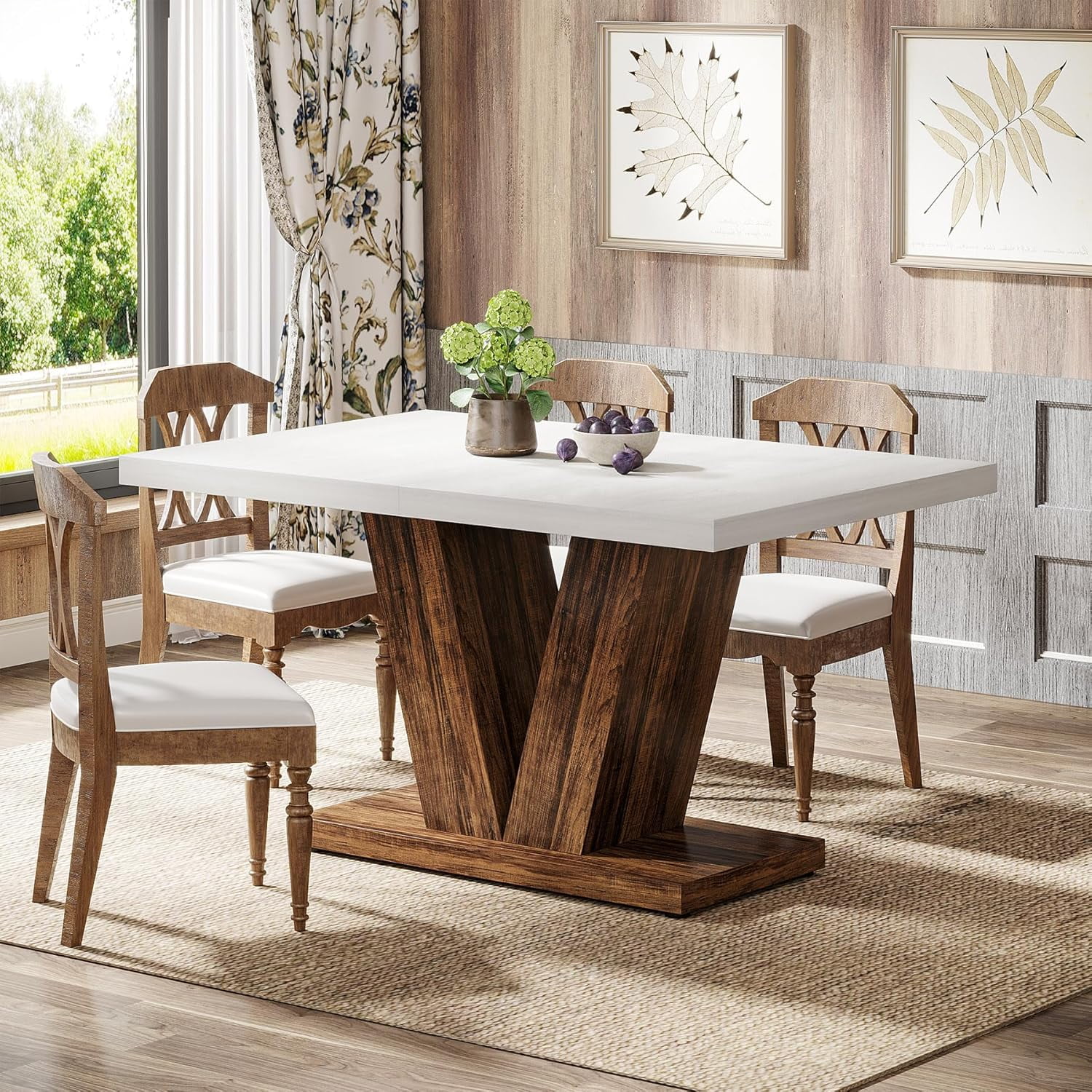 Finmind 47-inch Dining Table for 4 to 6, Farmhouse Wood Kitchen Table for Dining Room, White