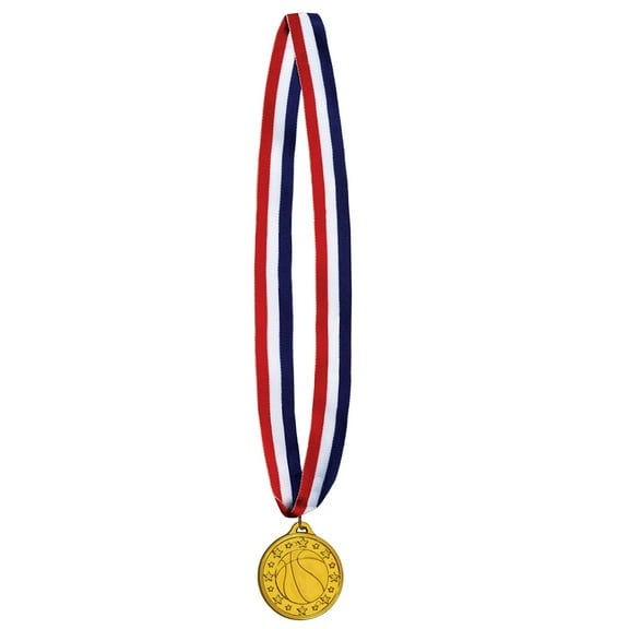 Set of 12 Red, White, and Blue Ribbons with Golden Basketball Medals 30"