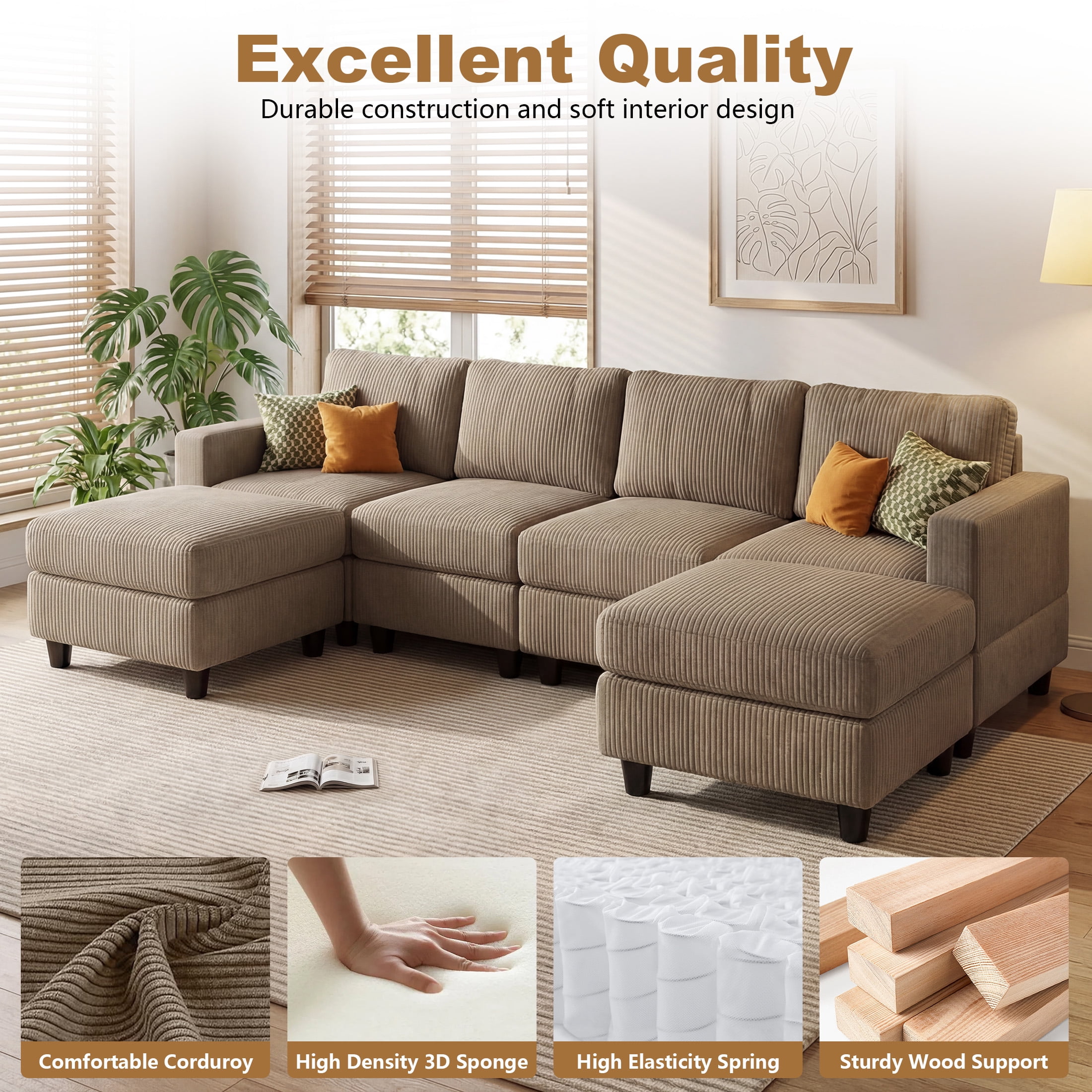 Aukfa 101" Corduroy U-Shaped Sectional Sofa with 2 Ottomans, 6-Seater Cloud Couch, Camel