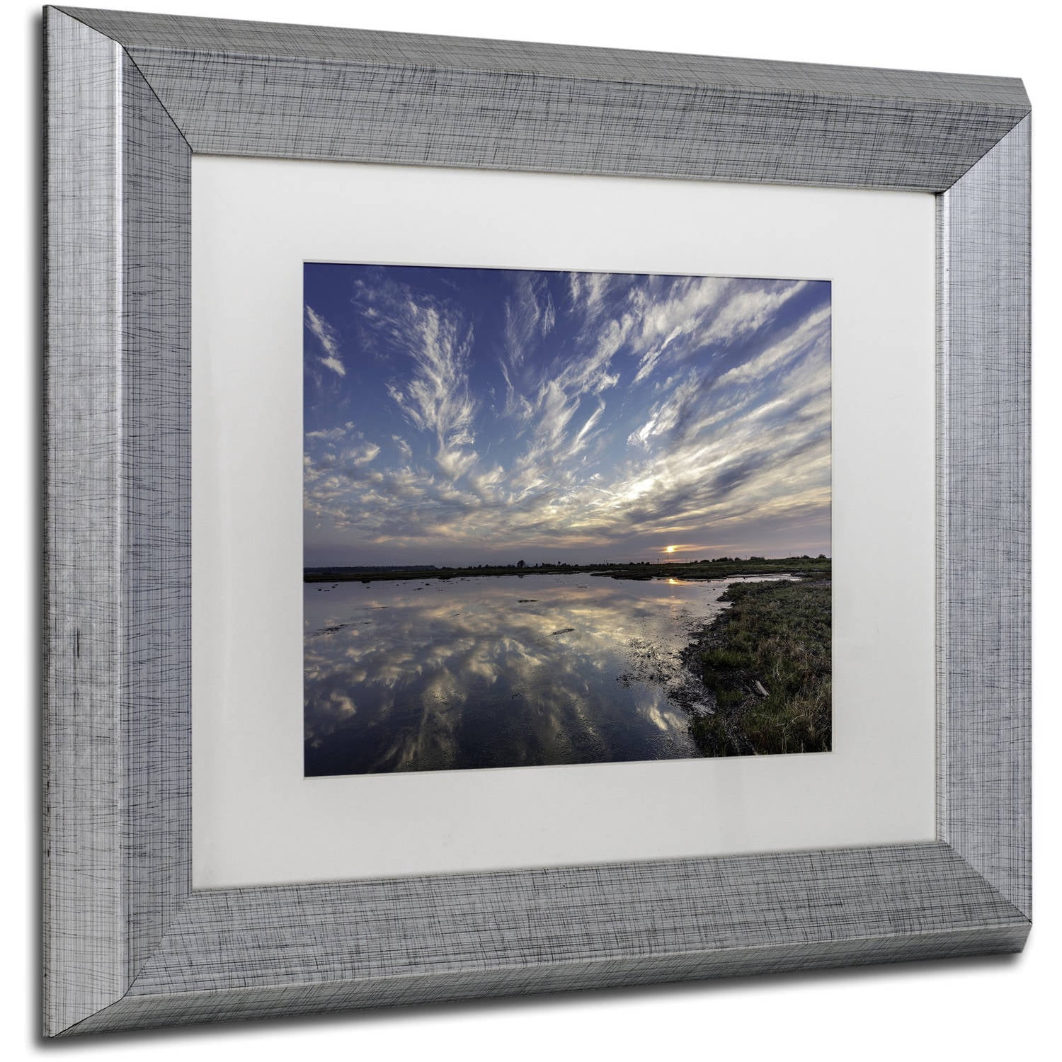 Trademark Fine Art 'Boundary Bay Sunset' Canvas Art by Pierre Leclerc, White Matte, Silver Frame